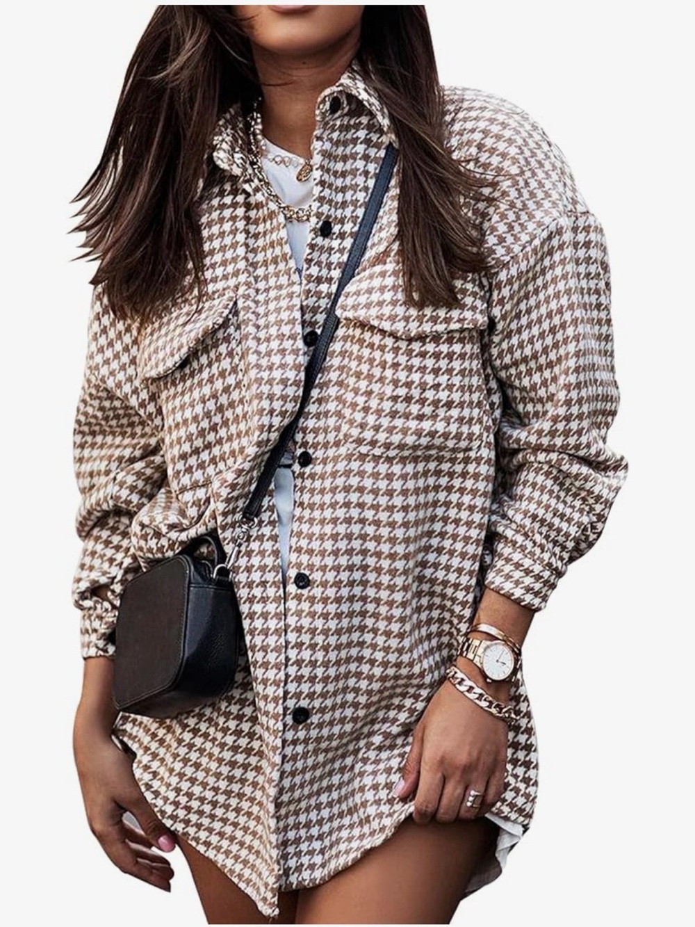 Houndstooth Button-Front Shacket in Beige Plaid